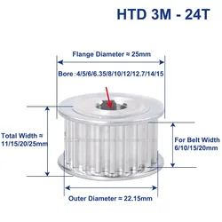 24 Teeth HTD 3M Synchronous Pulley Bore 4/5/6/6.35/8/10~15mm for Width 6/10/15/20mm HTD3M Timing Belt HTD3M Pulley Wheel 24Tooth