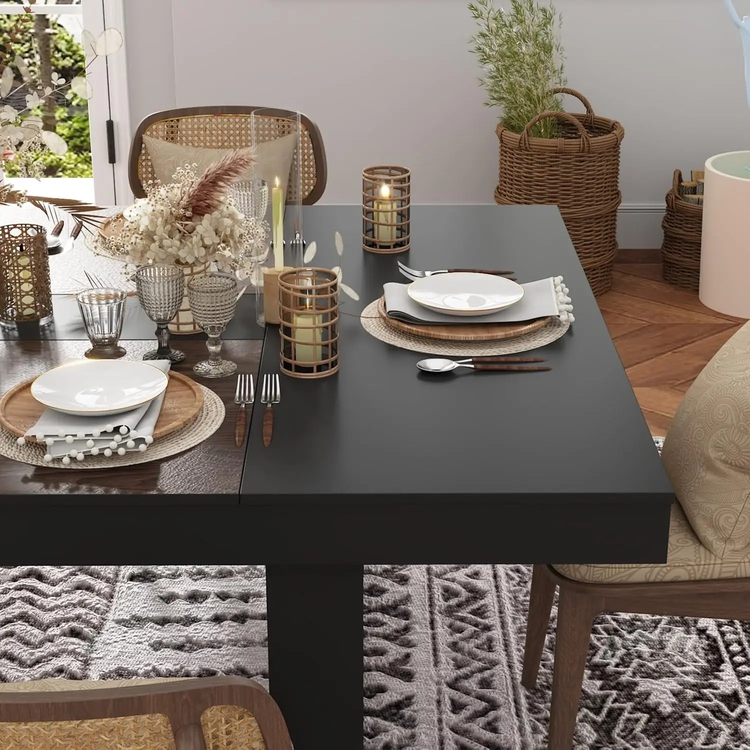 Nowoczesny stół do jadalni dla 6-8 osób, duży stół kuchenny 218 cm z drewnianymi nogami, do jadalni, kuchni, biura, czarny i brokatowy