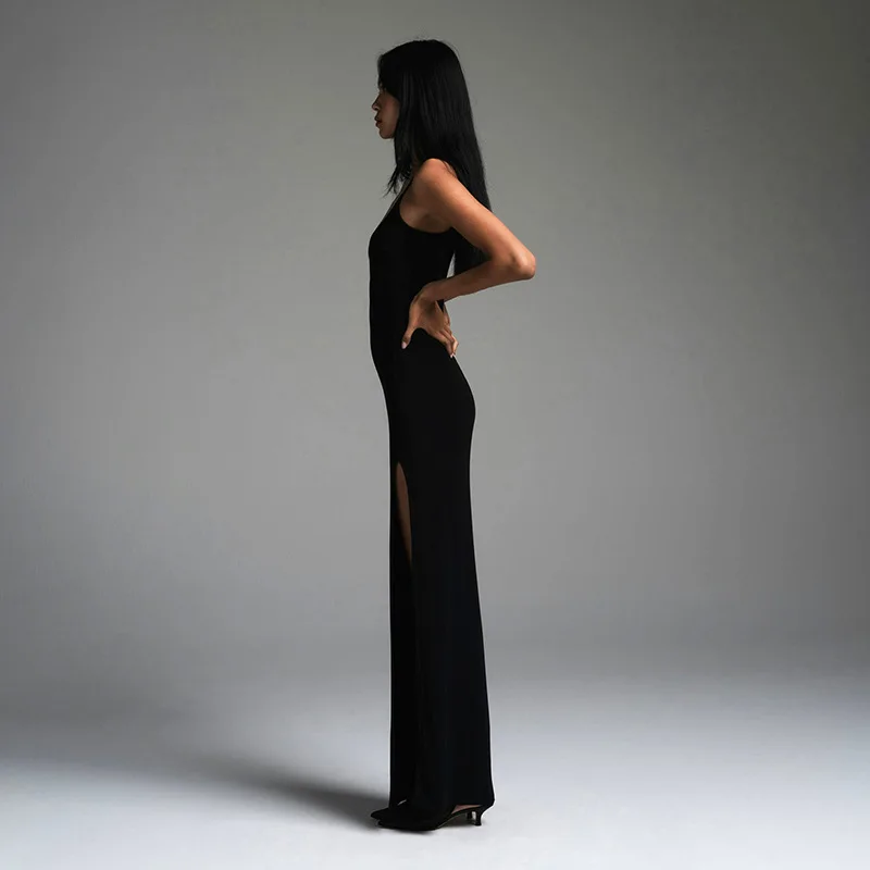 밍위안 스타일 여성 가을 겨울 섹시한 멜빵 원피스 솔리드 컬러 백리스 허리 조절 슬릿 힙 허깅 드레스