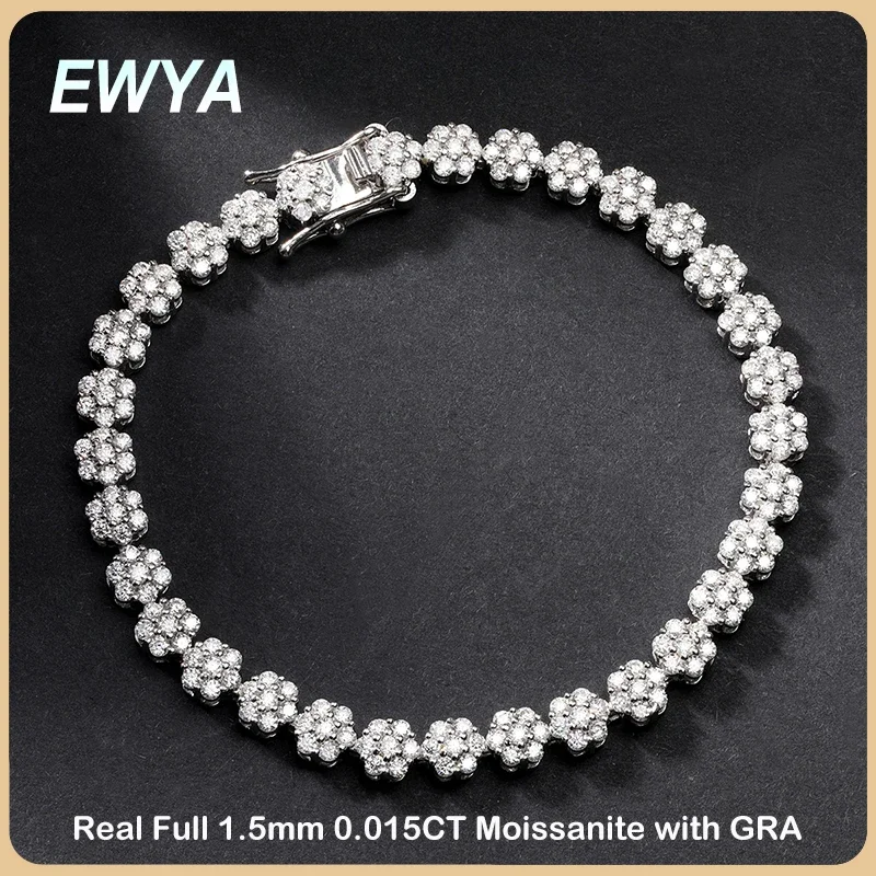 

EWYA Flower Full 1.5mm D Color Moissanite Diamond Tennis Bracelet for Women 925 Silver GRA Certified Bridal Wedding Bangle Gift