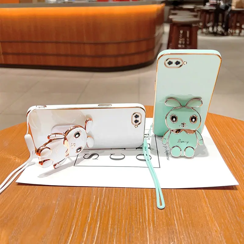 Phone Case For Oppo A3S Oppo A12E Realme C1 Luxury Plating Square Rabbit Holder With Landyard Case Cover