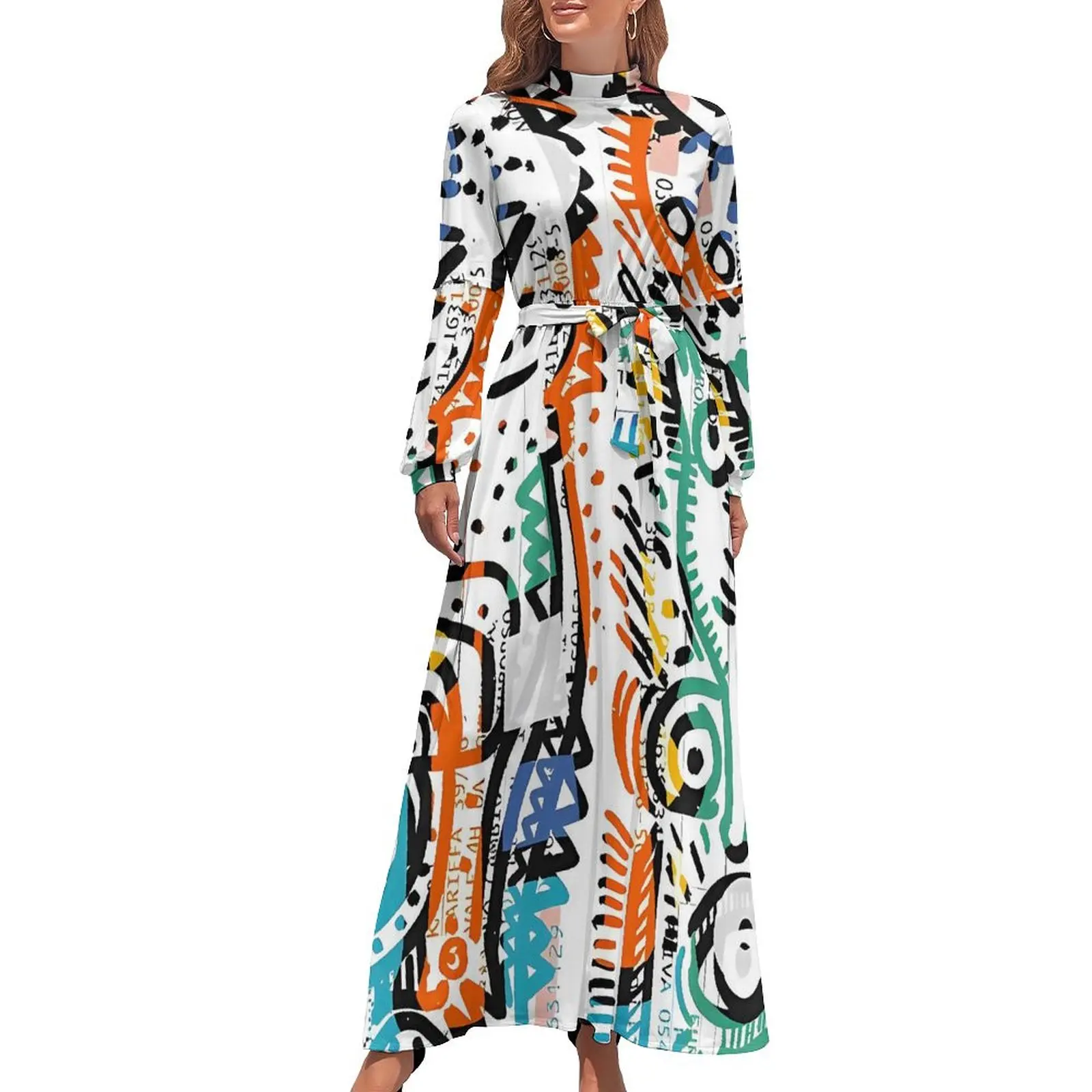 Street Graffiti Art  Print Dress  Streetwear Bohemia Dresses Womens Long-Sleeve High Waist Elegant Long Maxi Dress