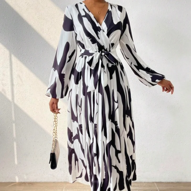 Europe America Border Print 2024 Spring and Summer Vacation Casual Long Sleeve round Neck Pleated Dress