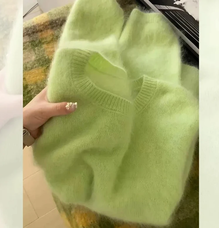 

Women's Autumn Winter Thickened Knitted Brown Soft Cozy Cashmere round Neck Pullover Sweater Princess Sleeve Loose Fit