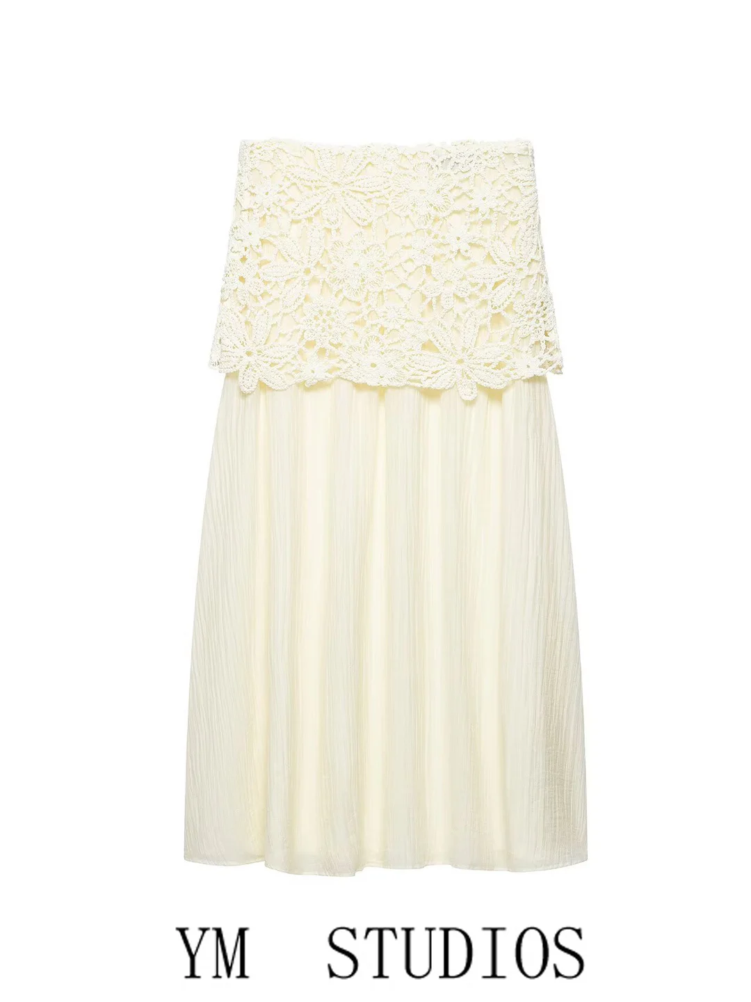Ladies High Waist Midi Skirt Sweet Style Lace Splicing Hook Needlework Elegant Ladylike Polyester Fiber A-Line Skirt Summer