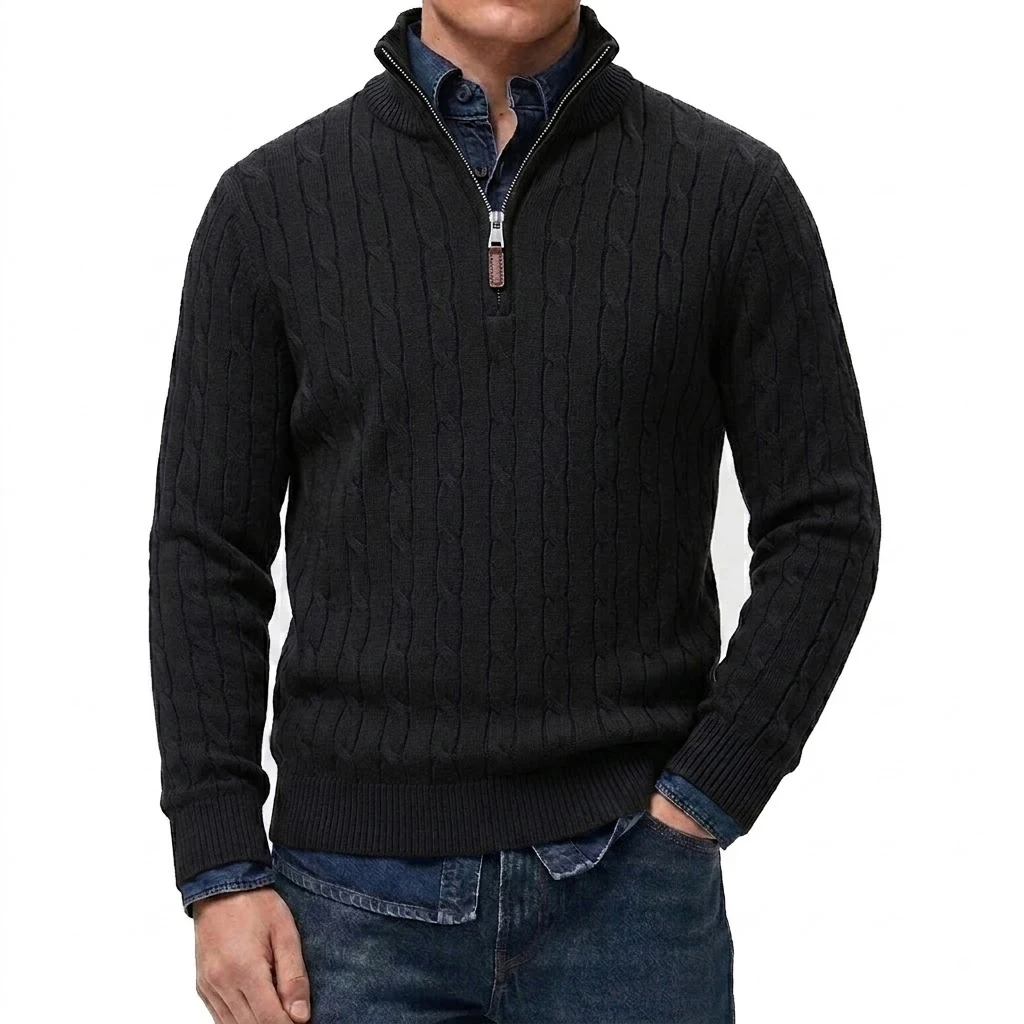 Men's Casual Stand Collar Cardigan Half Zip Cable Knit Sweater Winter Long Sleeve Thermal Pullover Solid Color Slim Fit Jumper view 3