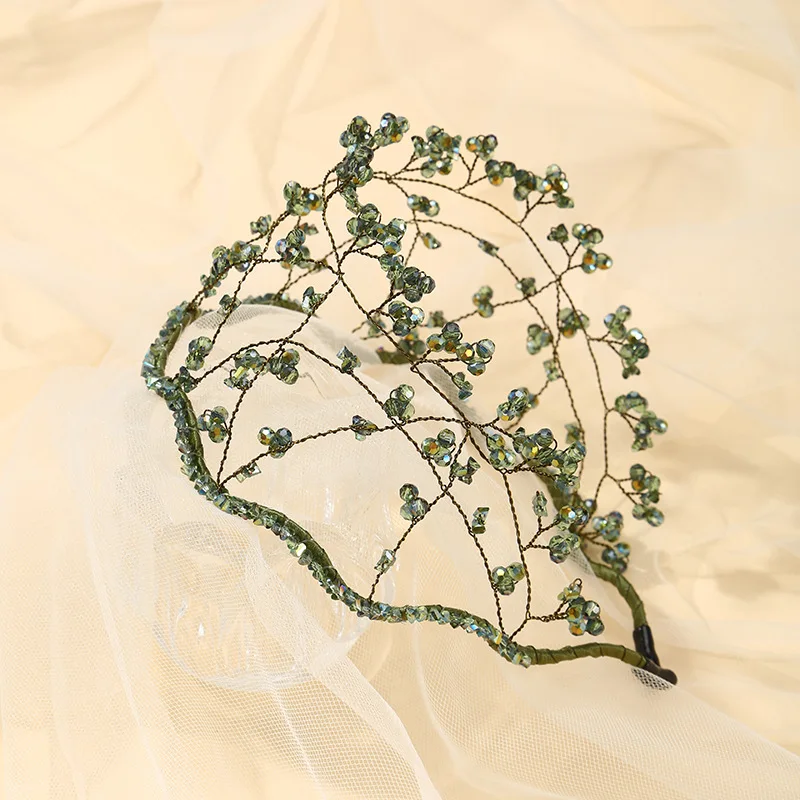 Handmade Net Crystal Wide Hairbands for Women Green Grey Luxury Crystal Headwear Hair Jewelry Wedding Bridemaid Hair Accessories