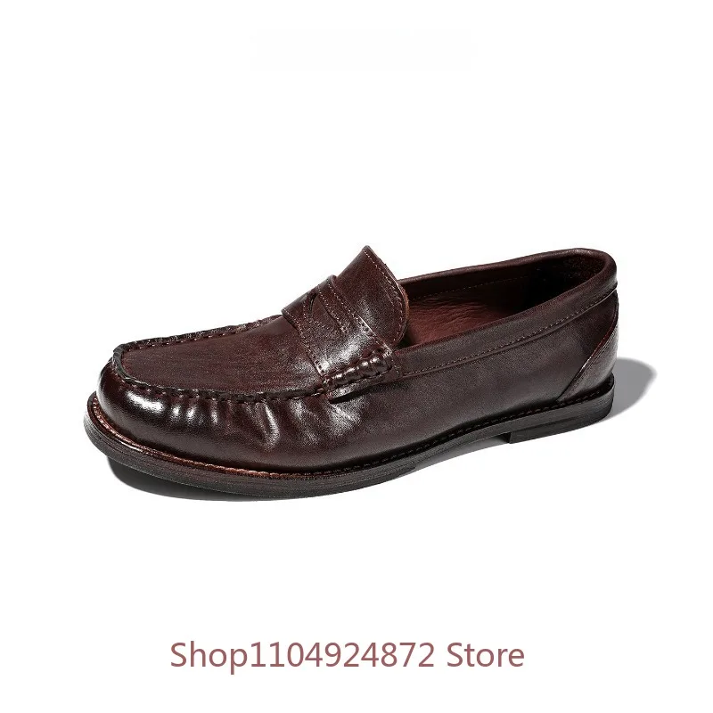 Handmade Genuine Leather Brown Slip on Loafers Men's Shoes Casual Business Cowhide Commute Office Work Leather Shoes Male