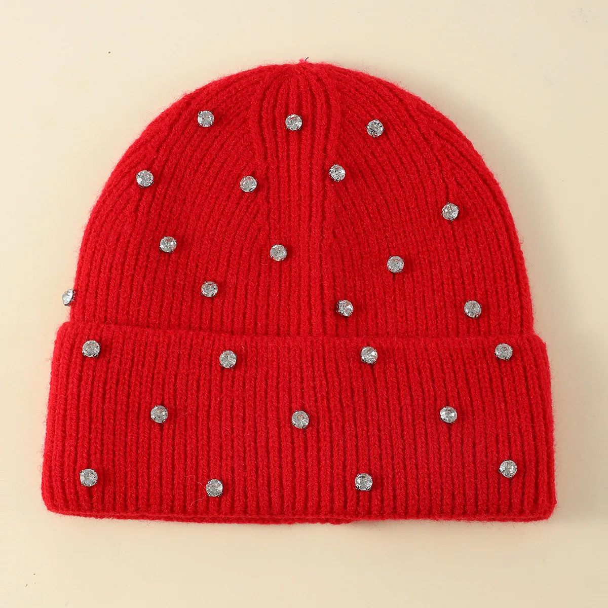 Winter Gestrickte Beanie Frauen Mode Strass Perlen Stricken Hüte Damen Casual Skullies Kappe Weibliche Einfarbig Casual Knochen – Detail 6