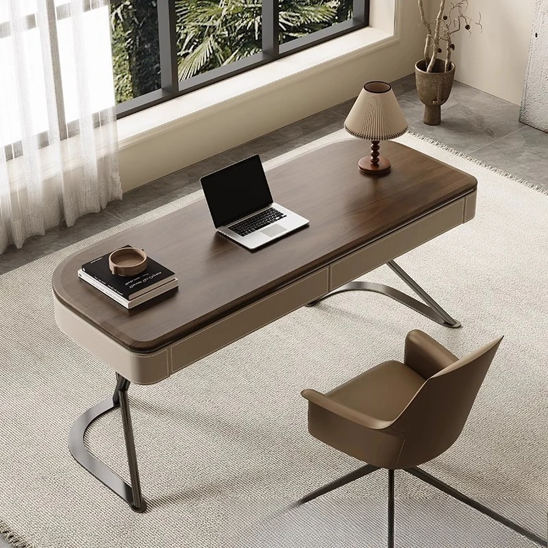 

Solid wood desk modern, walnut saddle leather computer desk