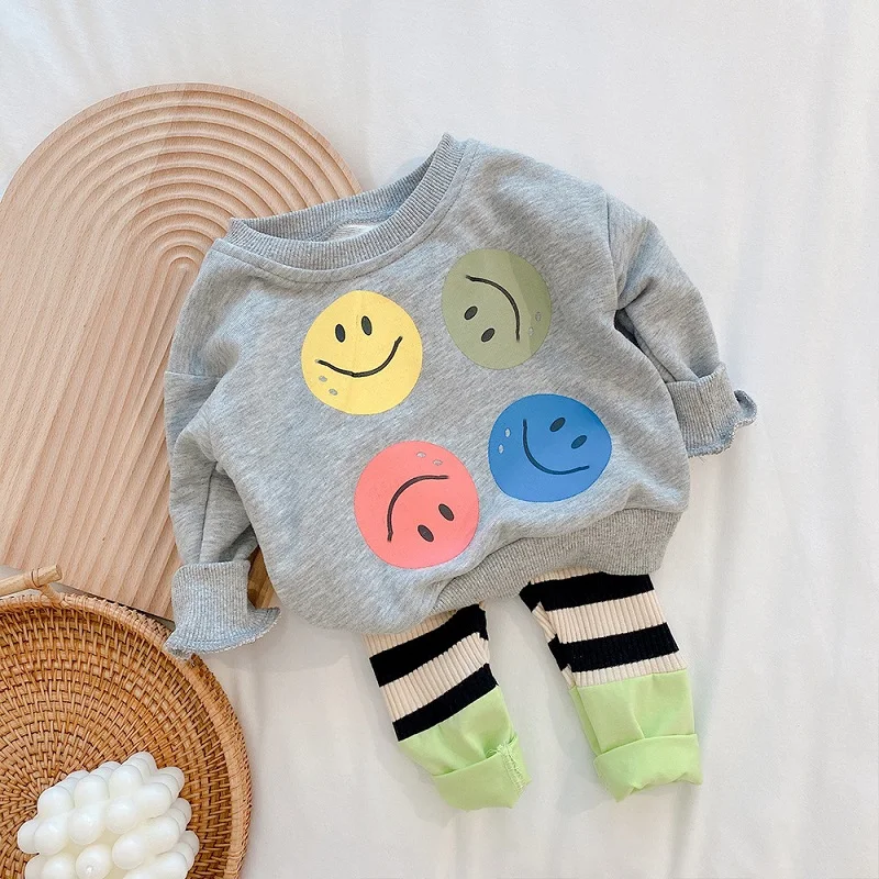 Cute Infant Kids Baby Boy Girl Sweatshirt Set Long Sleeve Round Neck Print Jumper Tops Striped Pant Legging Outfit Autumn Clohes