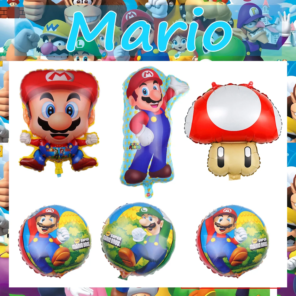 Marioed Luigi 5Pcs Round Foil Ballon Sets Party Supplies Boys Girls Favors DIY Aluminium Film Party Decoration Family Event Gift