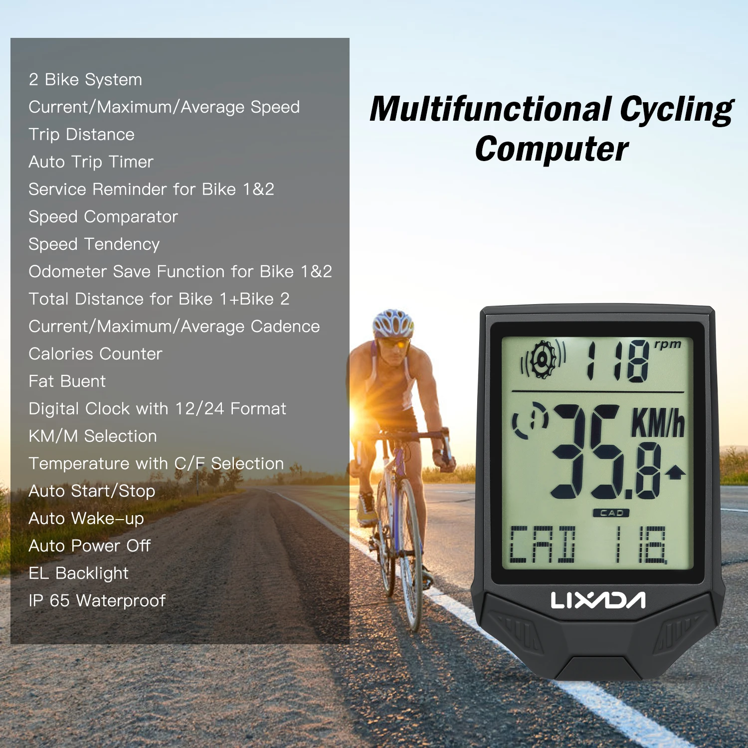 Lixada Wireless Cycling Computer Bike Computer Cadence Multifunctional Rainproof Cycle Computer with Backlight LCD Screen