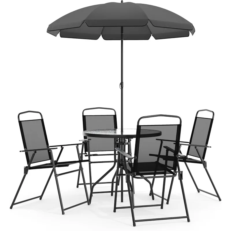 6 Piece Patio Dining Set with Glass Table 4 Folding Chairs and Parasol, Outdoor Patio Set Hot-sale Product High Quality Fabric