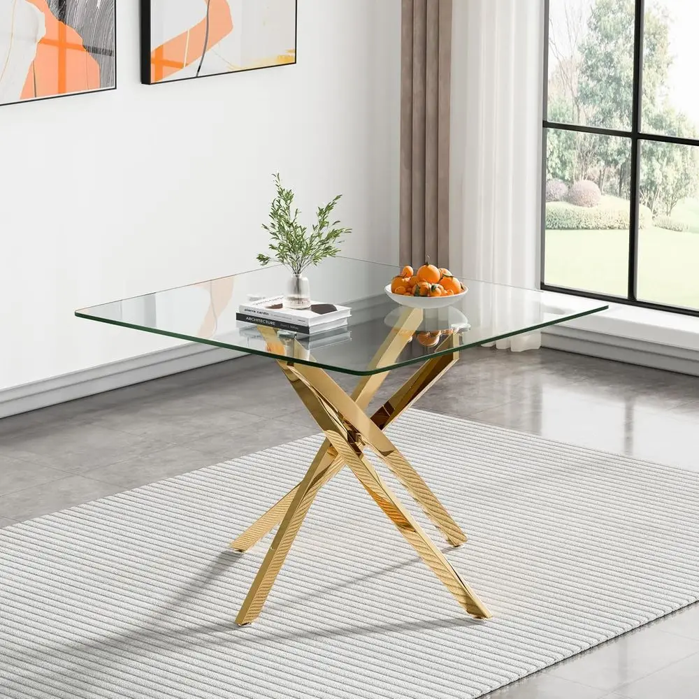

36 Glass Dining Table with Gold Metal Legs for Kitchen and Small Spaces