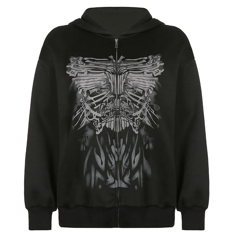 Dark personality printed hoodie female American 2024 new black hooded zipper coat loose casual top