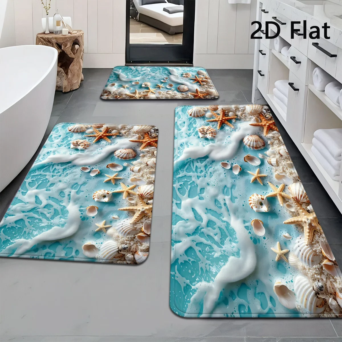 Coastal 3D Ocean Beach Kitchen Rug Non Slip Sea Shell Starfish Floor Mat Washable Long Runner for Hallway Laundry Room Rug