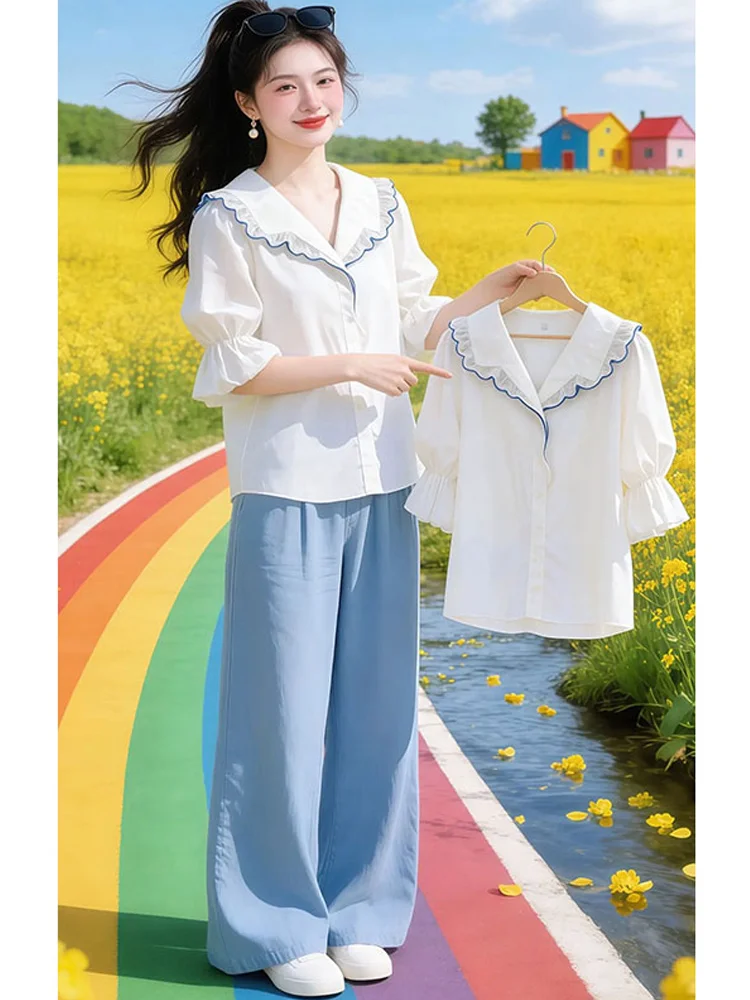 

Elegant Doll Collar Shirt Women's Summer New Splicing Top Casual Loose Fit Short Sleeve Color