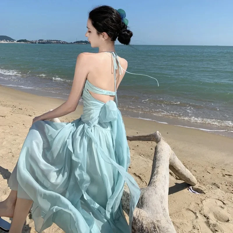 Dolce increspato Camis Midi Dress Donna Estate Elegante Chiffon Halter Neck Dress Sexy Backless Beach Vacation Mujer Abiti
