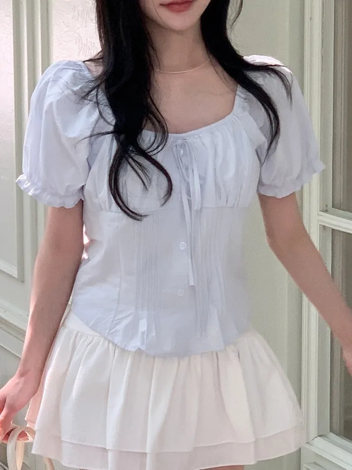 痩身効果バブルスリーブシャツレディースファッションスクエアカラーホワイトシャツウエストシェイプ夏の新スタイル甘いスタイル