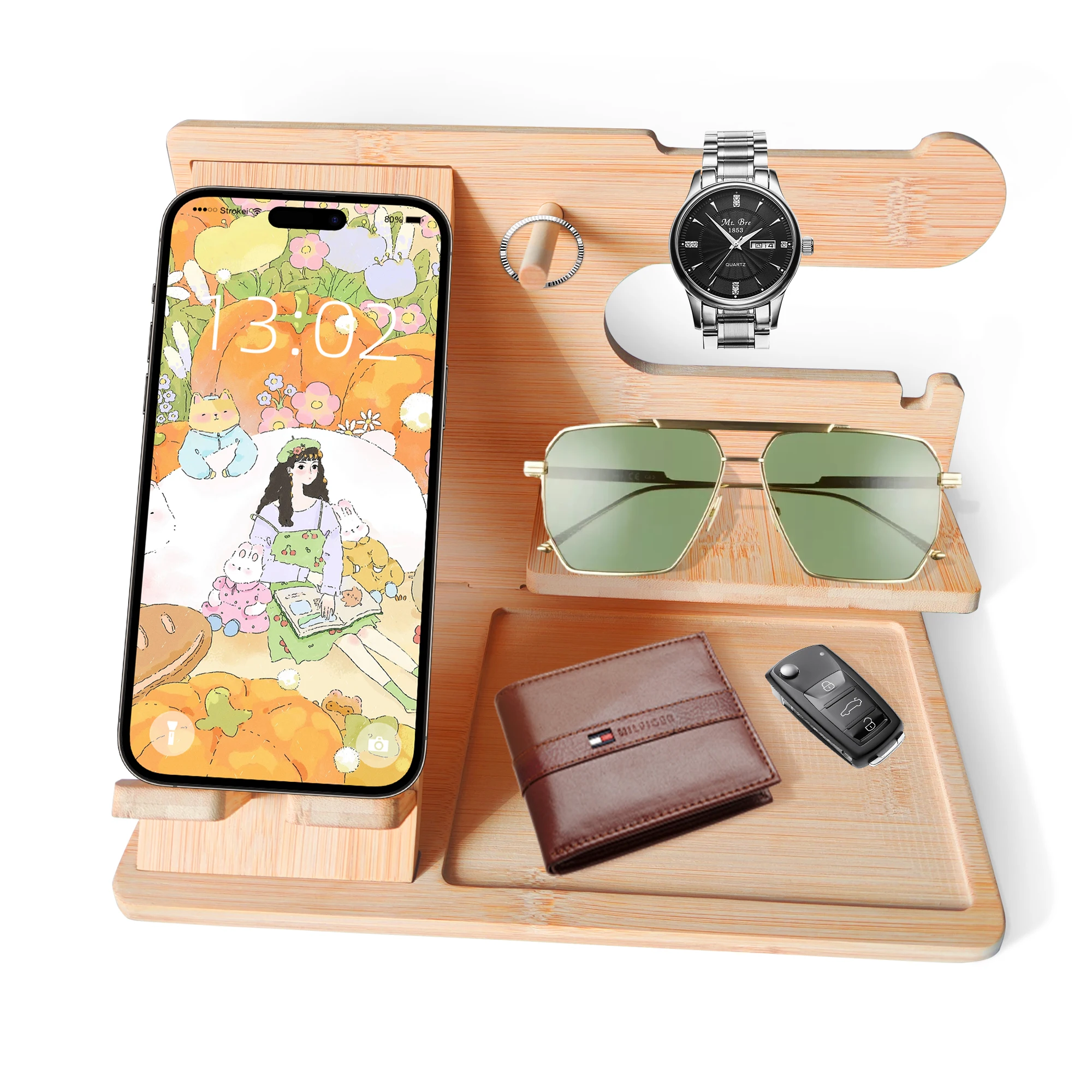 

6-in-1 Multi-Functional Wood Phone Stand Holder Organizer | Wallet/Key/Watch Storage | Birthday Gifts for Men Dad Graduation