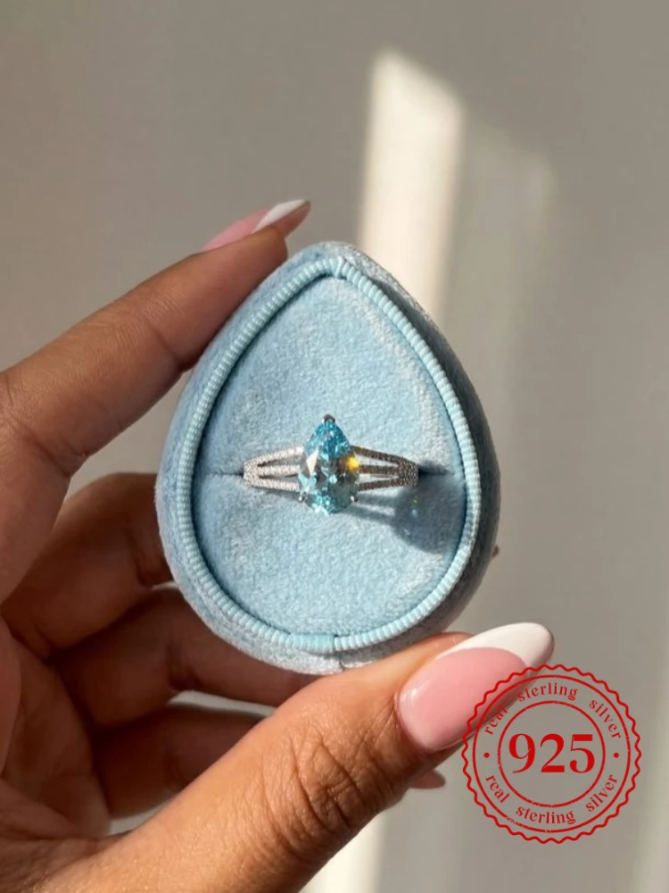 

925 Sterling Silver Vintage Sea Blue Pear Zircon Ring For Women Engagement Wedding Luxury Fashion High Quality Fine Jewelry