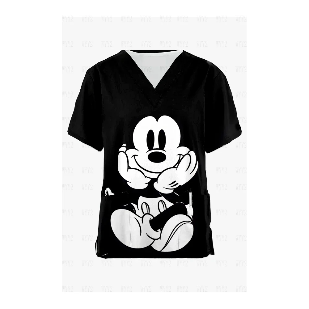 Disney Mickey Minnie Women's Nurse Uniform Cartoon Scrub Top Santa Claus Print Clinic Nursing Protective Nurse Uniform Shirt