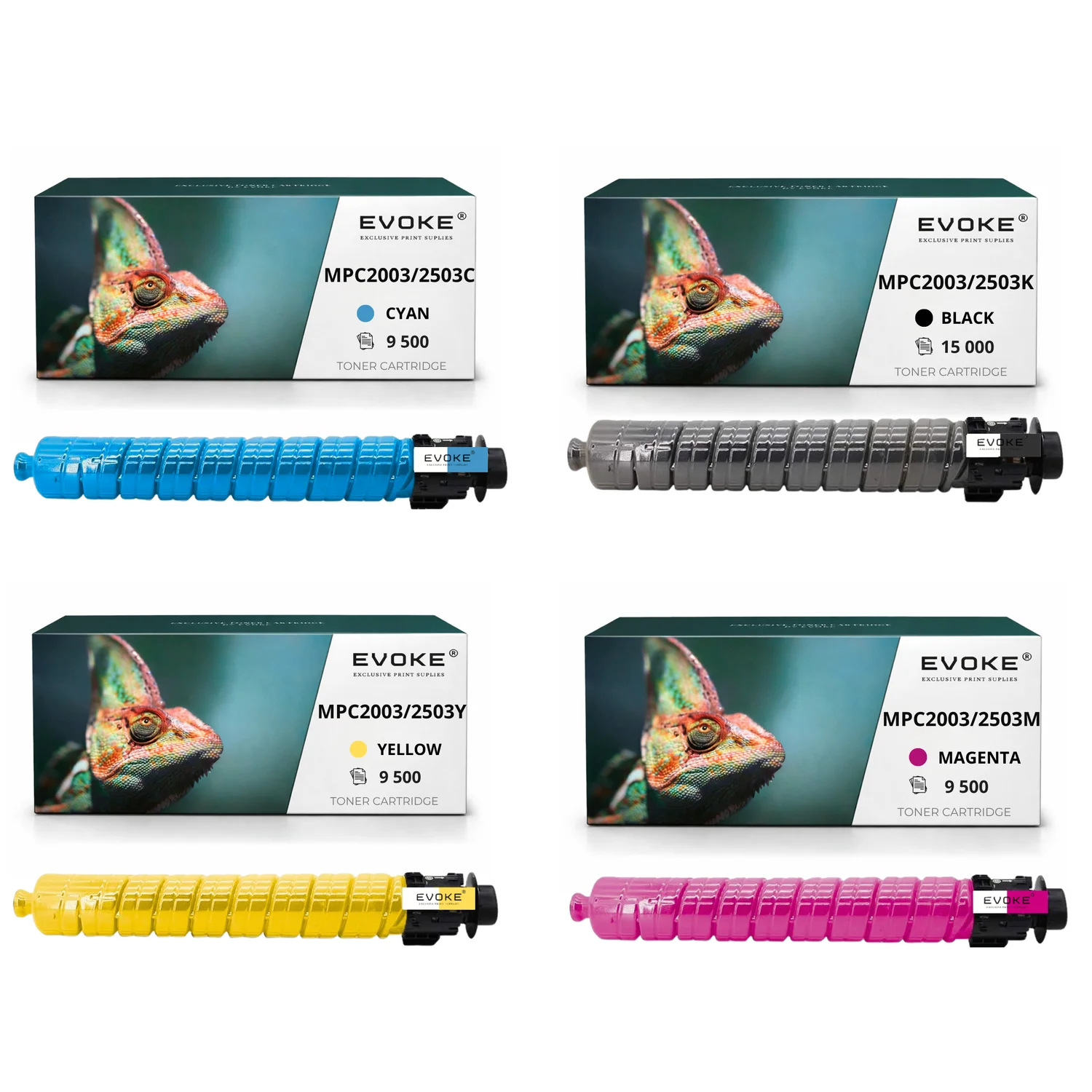 Evoke compatibele toner voor Ricoh Mpc-2003 Mpc-2503 4X Cmyk: Zwart, Cyaan, Magenta, Geel 43500 pagina's Mp C2003Sp C2004 C2004Sp C2004Asp C2011 C2011Sp C2503 C2503Sp C2503Zsp; Nashuatec Mpc2003 Mp