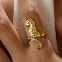 Creative 18K Gold PVD Plated Stainless Steel Anti Tarnish Metallic Sea Horse Open Adjustable Cocktail Rings for Women Girl