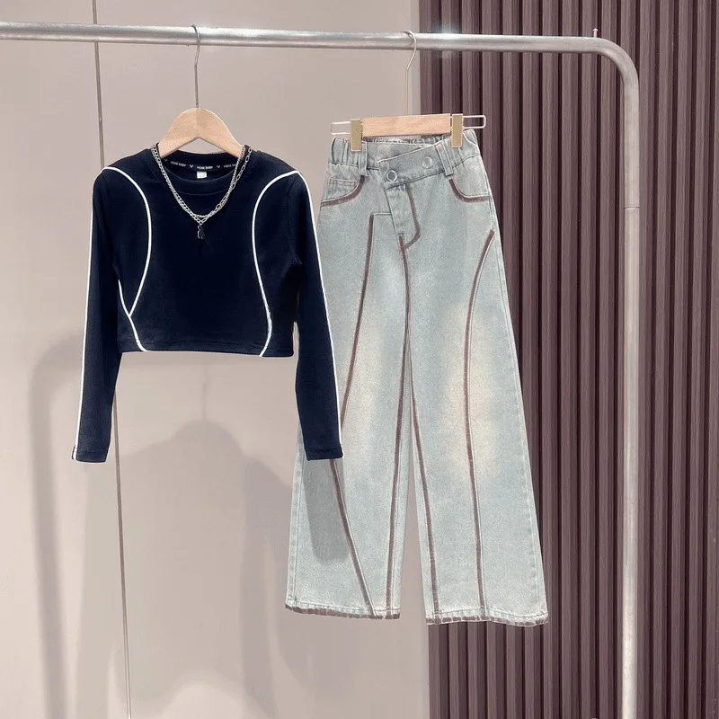 

Kids Spring Autumn Set 2025 Korean Fashion Long-Sleeve T-Shirt and Daily All-match Denim Pants 2-Piece Set for Big Girls