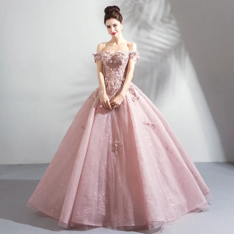 Elegant Fashion Pink Princess Strapless Women Beaded Sequins Ball Gown wedding Party Evening dresses