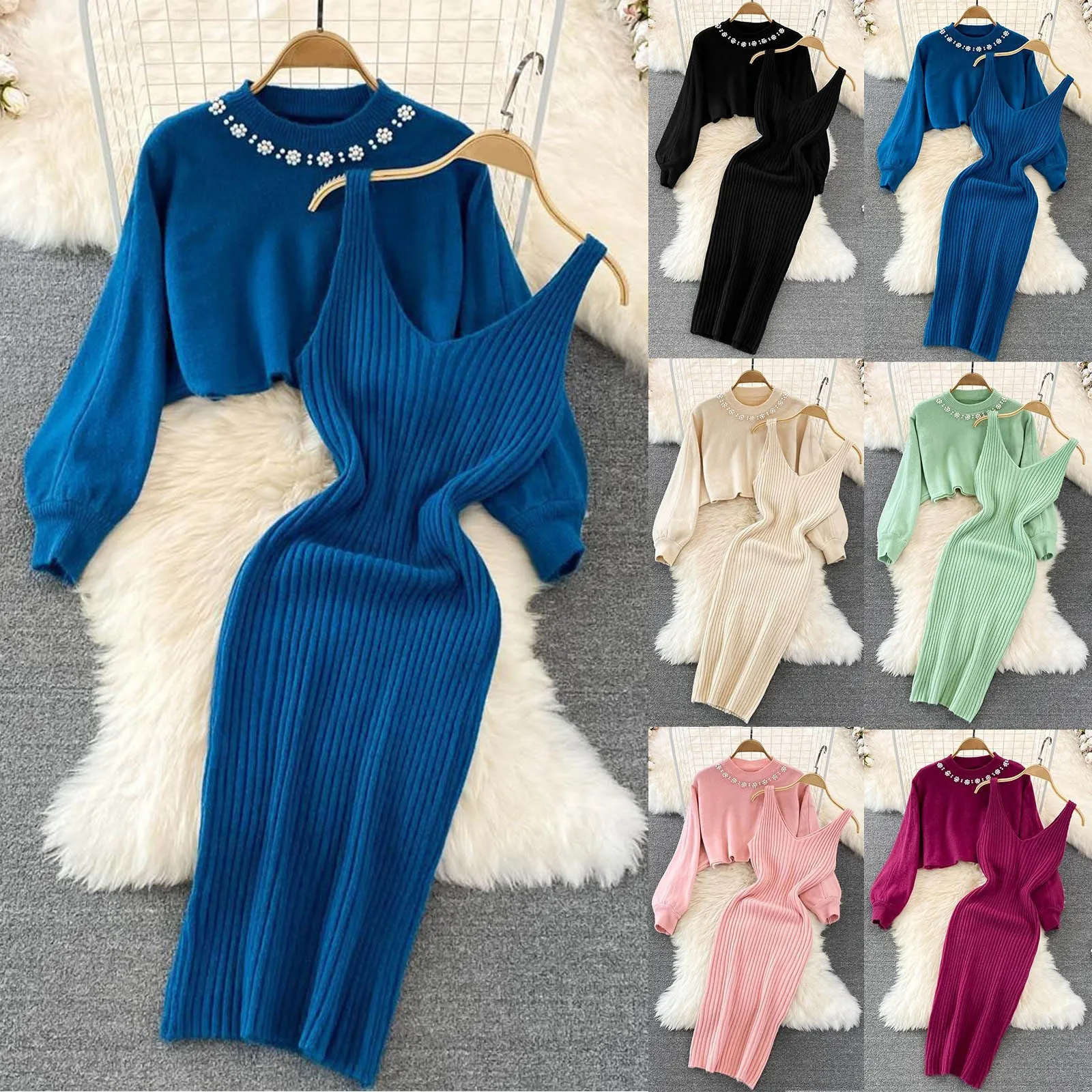 Female Elegant Knitting Dresses Suits Pearl O Neck Tees Two Piece Women Sweater Dress Slim Fit Ribbed Maxi Robe Femme Vestidos