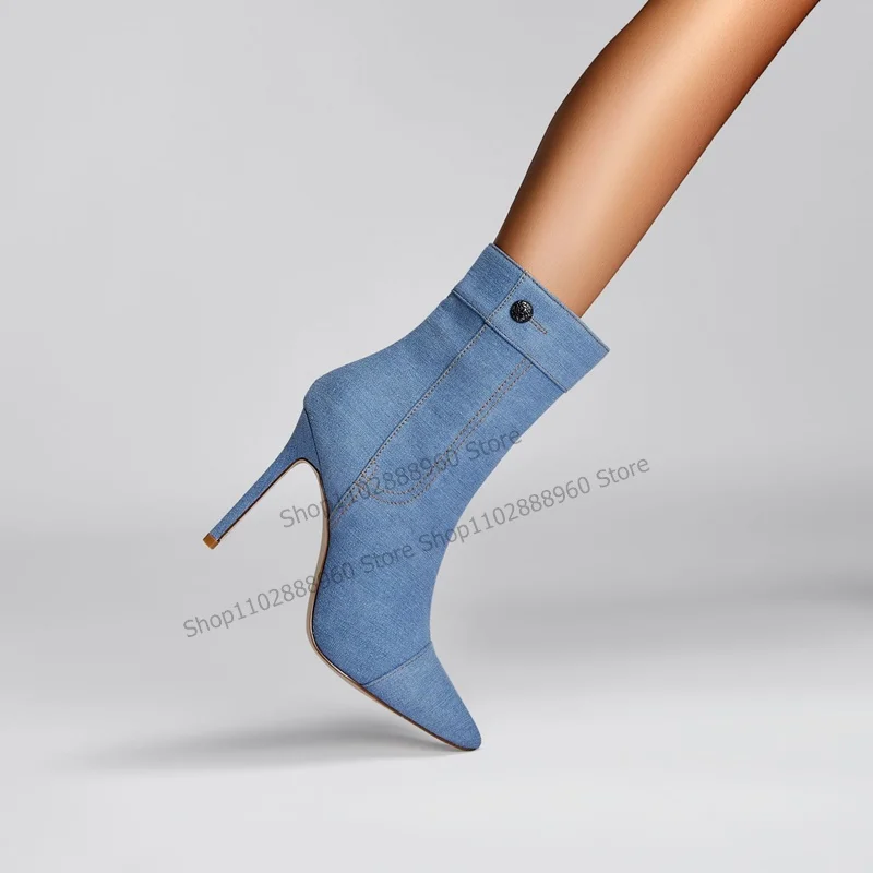 

Mid Calf Blue Denim Button Decor Trouser Boots Thin High Heel Women Shoes Side Zipper Pointed Toe 2023 Sexy Zapatos Para Mujere