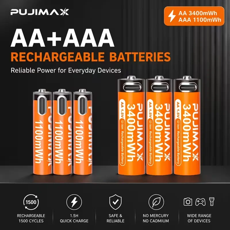 48/24/8pcs Battery Combo Set of PUJIMAX Brand 1.5V AA 3400mWh + AAA 1100mWh Rechargeable Lithium Batteries, Charged via Type-C Interface. Suitable for Remote Controls, Keyboards, Wireless Mice, Doorbells and Other Devices. Comes with a Charging Cable.