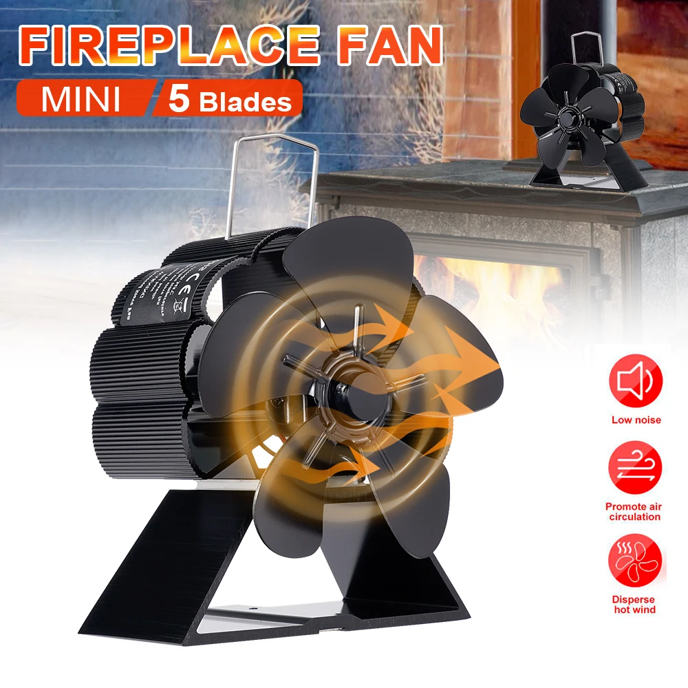 Mini Fireplace Stove Fan 5 Blades Black Trapezoidal Base Heat Powered Quiet Fan For Wood Log Burner Home Heat Distribution