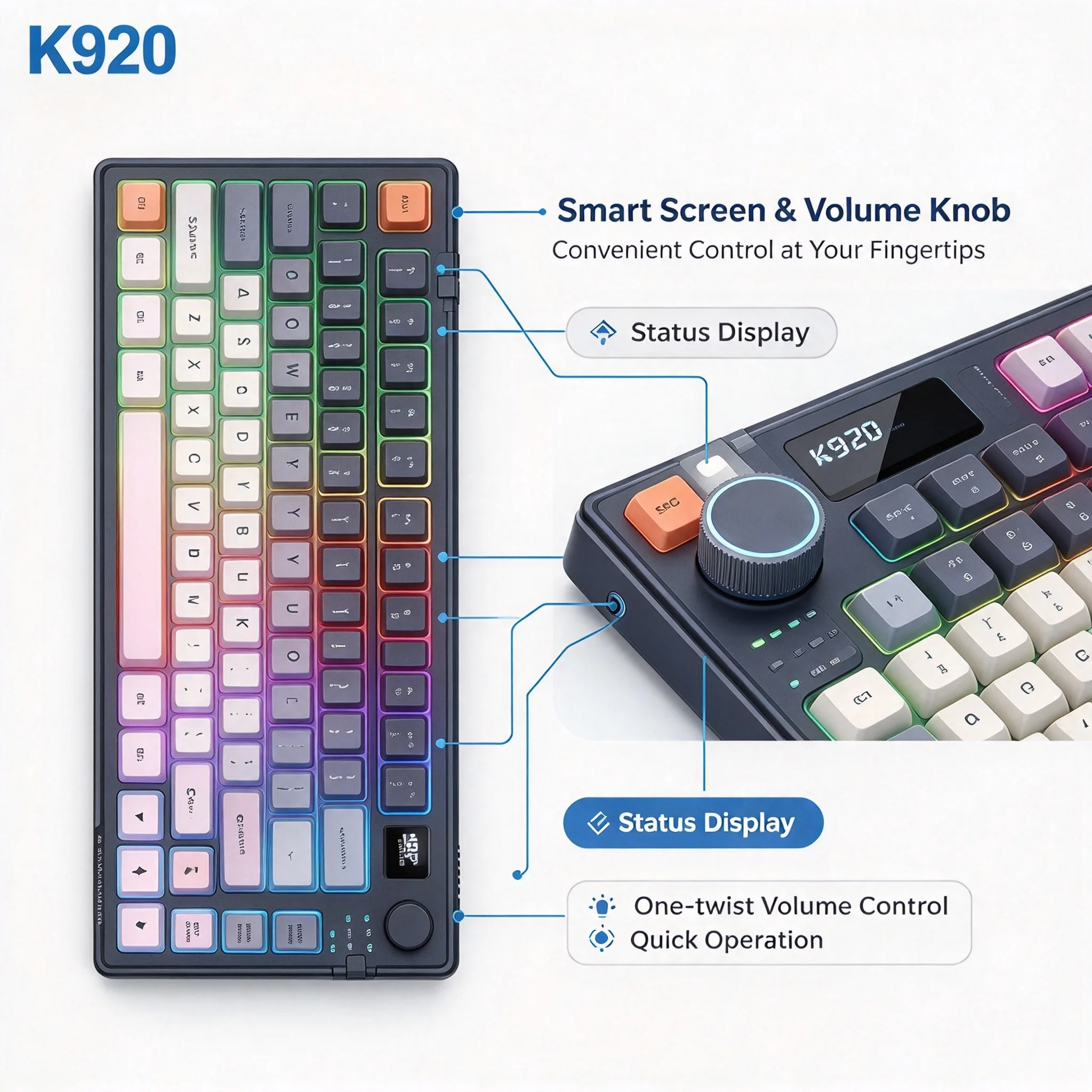 2.4G Wireless Dual-Mode Gaming Keyboard And Mouse Combo RGB Backlight Computer Keyboard With Display Screen&Knob For PC Laptop