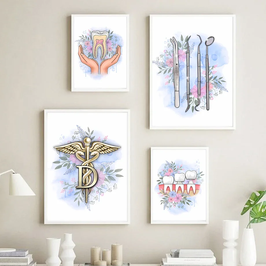 Watercolor Tooth Anatomy Floral Caduceus Dentist Gift Wall Art Canvas Painting Posters Prints Wall Pictures For Clinic Decor