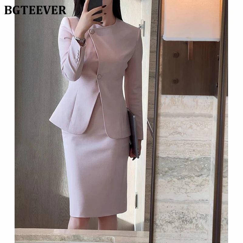 BGTEEVER Elegant Slim Ladies Skirt Suits Irregular Blazer Jackets & Package Hip Skirts Office Ladies 2 Pieces Set