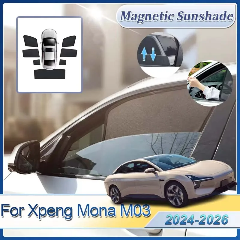 

For Xpeng Mona M03 2024 2025 2026 Magnetic Sunshields Visor Net Mesh Parasol Side Windows Vehicle Sunshade Car Sun Protector UV