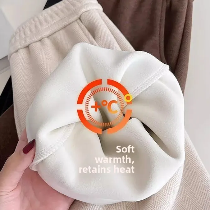 กางเกงขายาวผ้าฟลีซหนานุ่มทรงขากว้างสำหรับผู้หญิง ฤดูใบไม้ร่วง ฤดูหนาว ผ้าขนสัตว์ ทรงตรงผ่าข้าง รุ่นแคบ สไตล์ลำลอง ทรงกล้วย