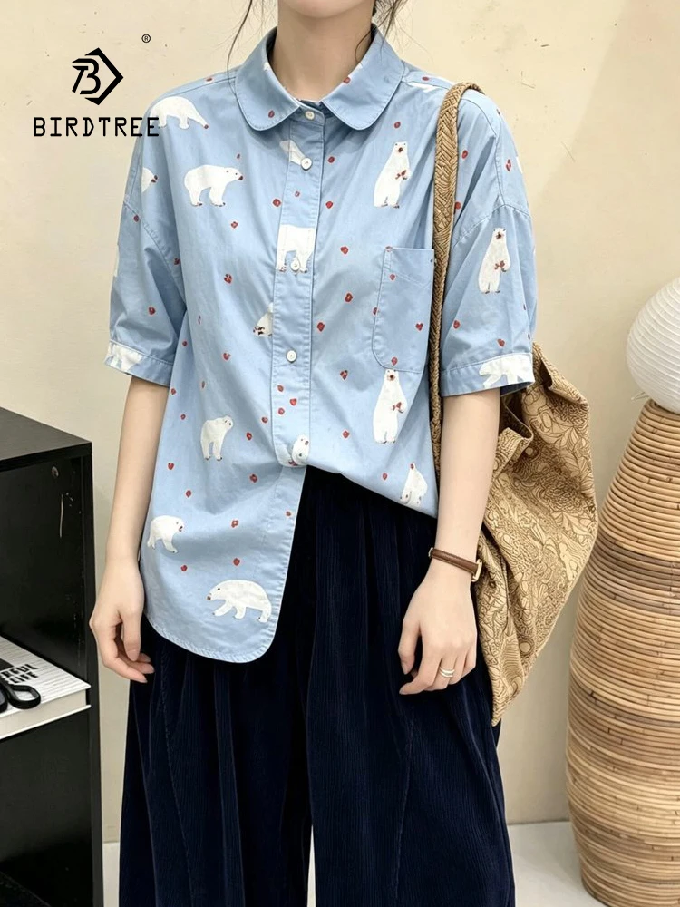 

New 2026 Summer Women Cotton Short Sleeve Shirt, Turn-down Collar Printed, Mori Girl Sweet Commute Thin Loose Blouse T65019CC