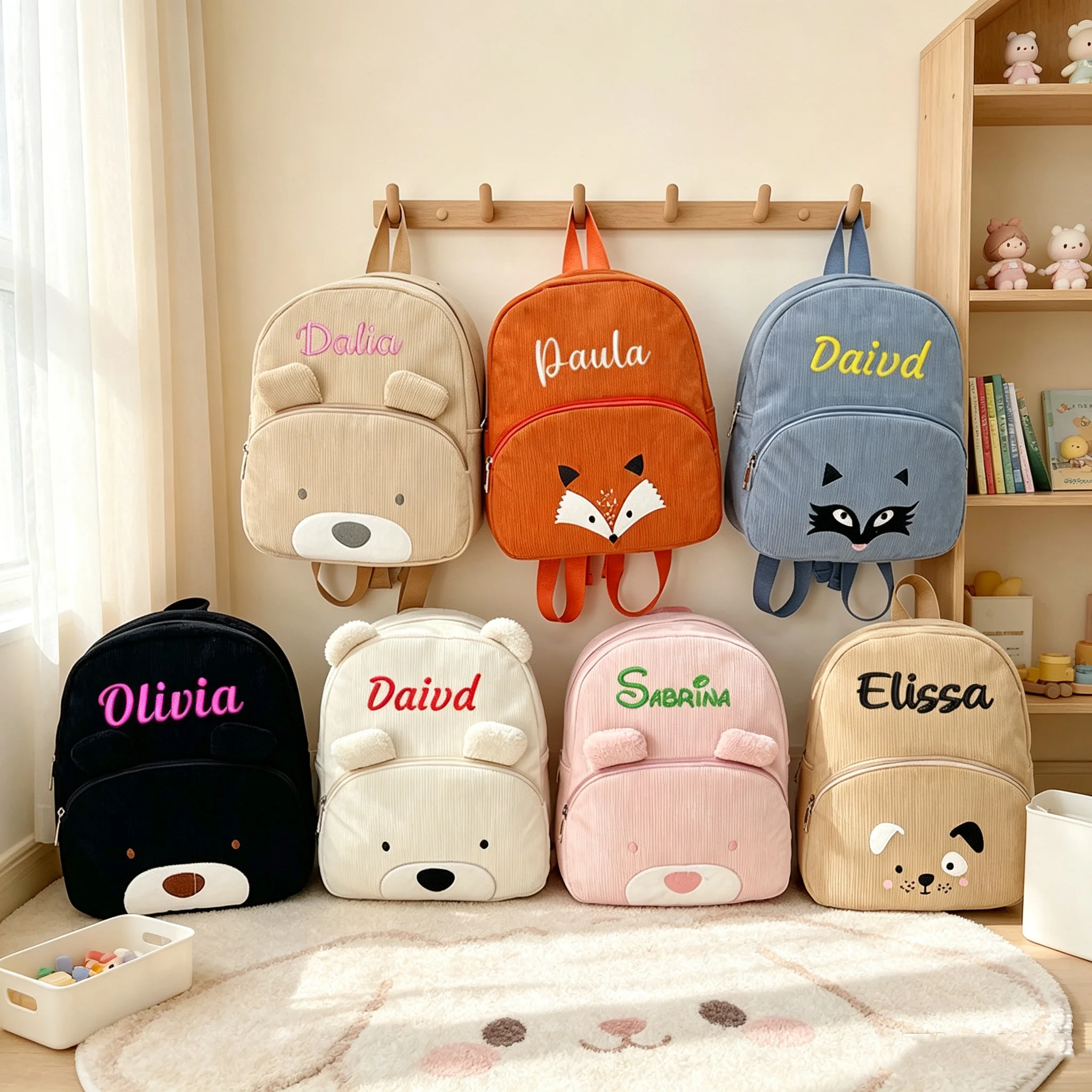Personalized Embroidered Letter Corduroy Backpack, Cute Bear & Fox Animal Shaped Kids School Bag, Large Capacity Toddler Travel