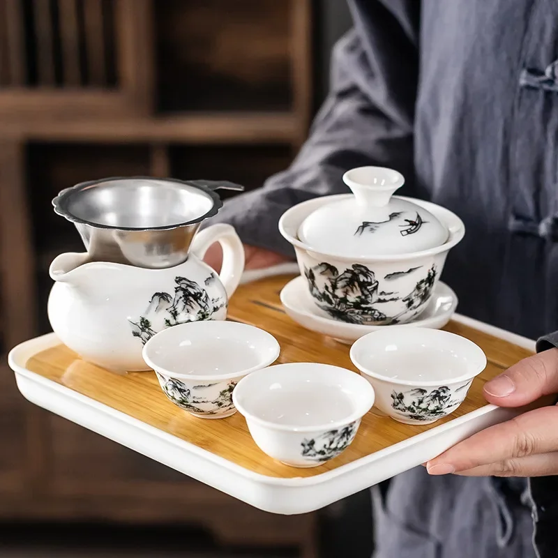 Juego de té Gongfu de uso doméstico, bandeja de elaboración de té Simple de cerámica, tres tazas, Kit de fabricación de té para ceremonia del té seco, estilo tradicional chino