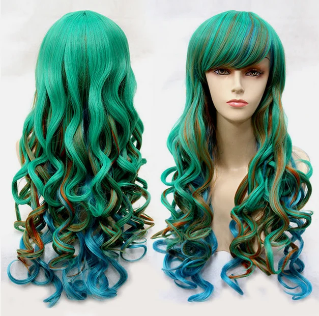 

Green Multicolor Long Curly Wavy Hair Party Full Wig