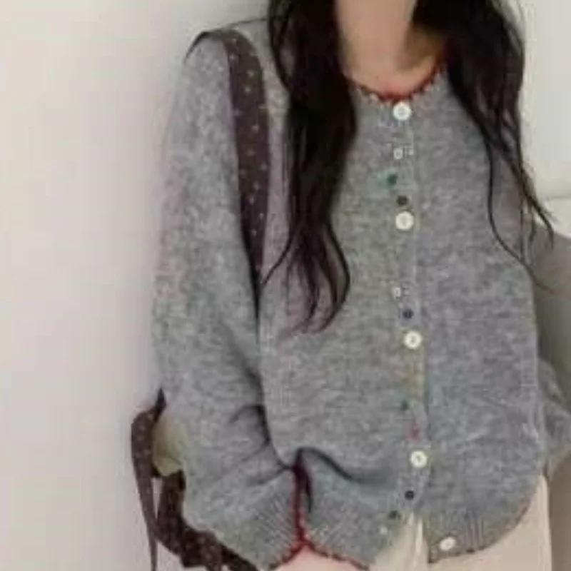Colorful Button Design Comfortable Commute Retro Korean round Neck Knitted Open Cardigan Women's Loose Soft Sweater Outerwear