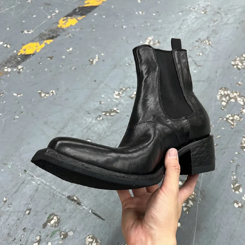 

Black Pointed Toe Chelsea Boots Men Women Height Increasing Chunky Heel Autumn Winter Trendy Leather High Top Boots