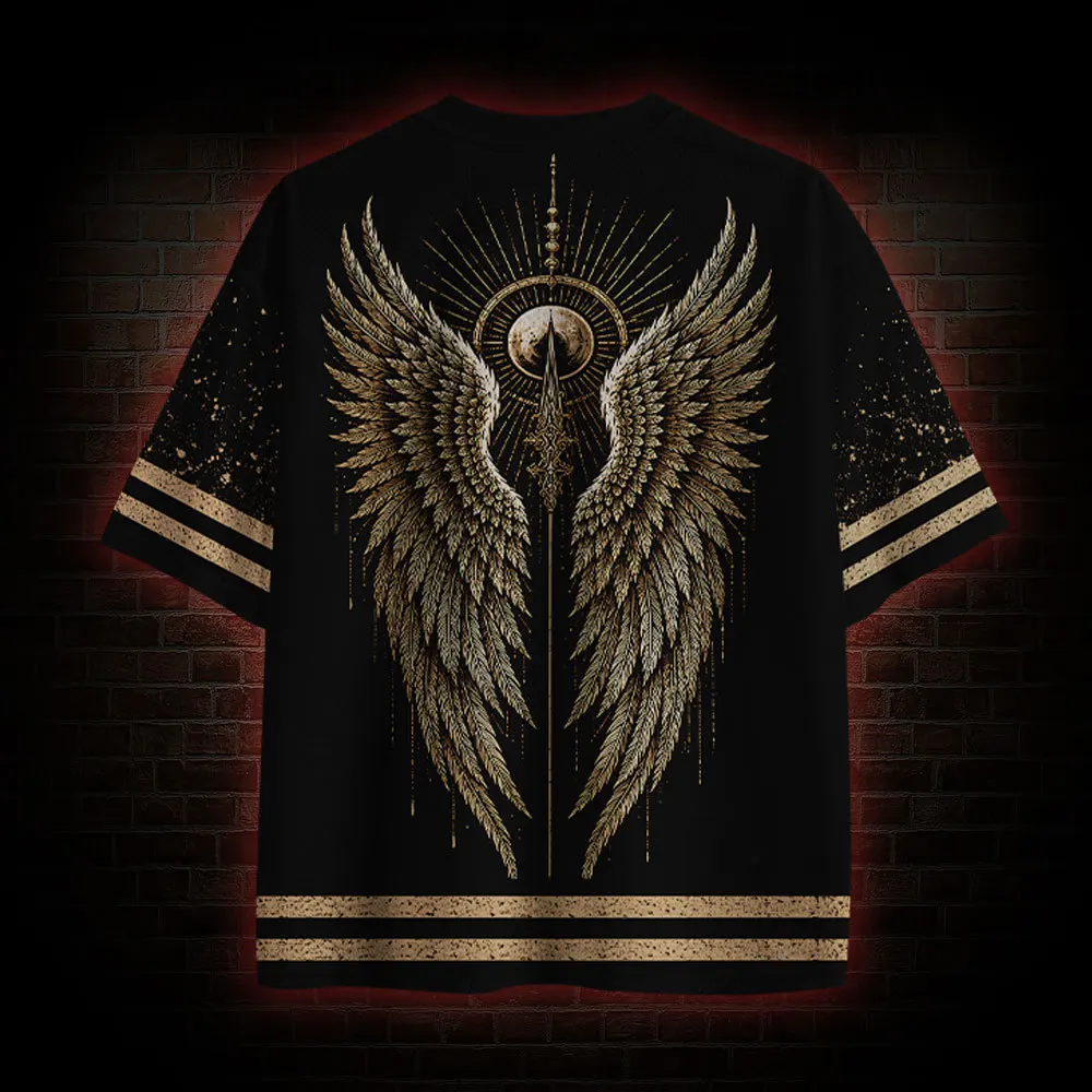 2026 Angel Warrior Gothic Graphic Jersey Shirt Unisex Loose Black Gold Mesh Short Sleeve Retro Streetwear Top