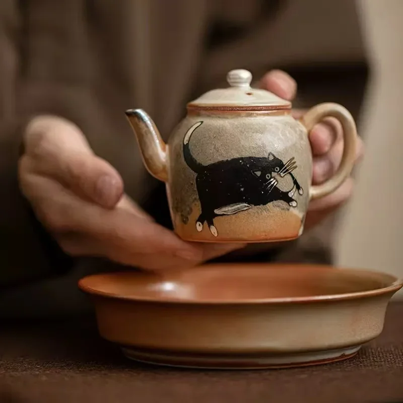 100ML Japanese-style Shino Cat Laicai Pot Small Capacity Ceramic Filter Brewing Teapot Hand-painted Silver Teapot KungFu Tea Set