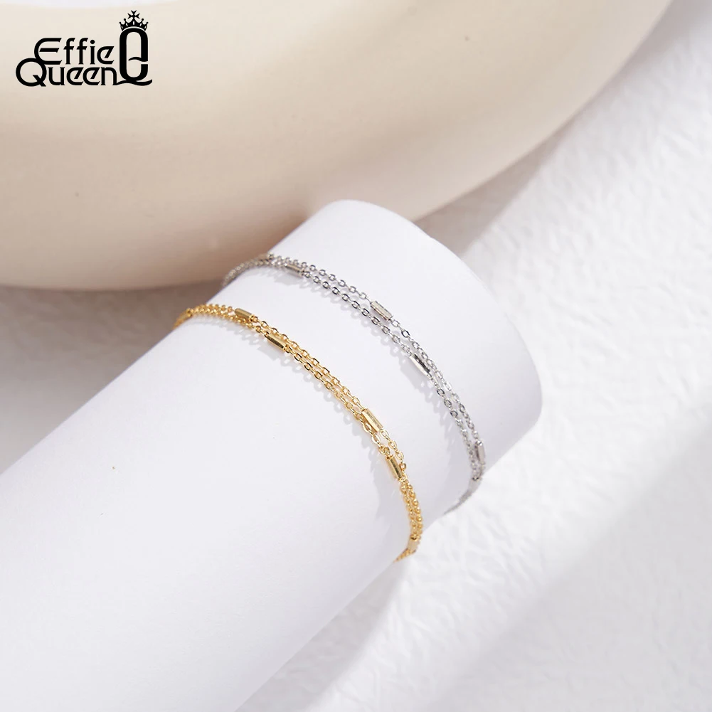 EFFIE QUEEN 925 Sterling Silver Double Layered 1mm Cuban Chain Bracelet Minimalism Style Unisex Deisgn Jewelry Party Gift SB201