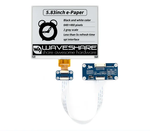 

Waveshare 5.83Inch E-Paper E-Ink Display HAT 648x480 Pixels Black / White Dual-Color SPI Interface
